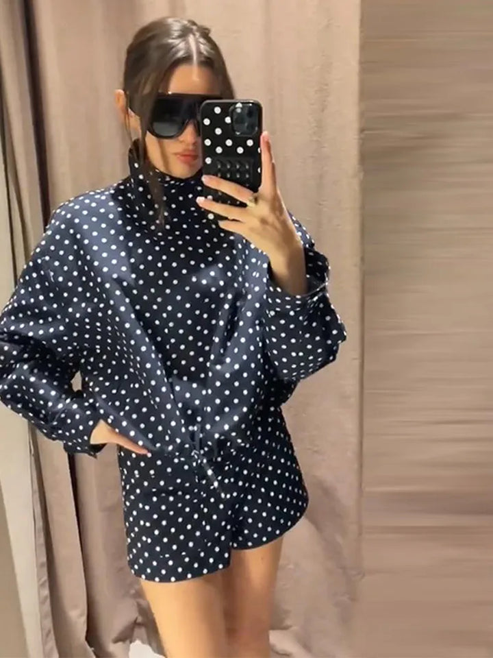 Women's Polka Dot Long Sleeve Top and Shorts Two-Piece Set | High Neckline