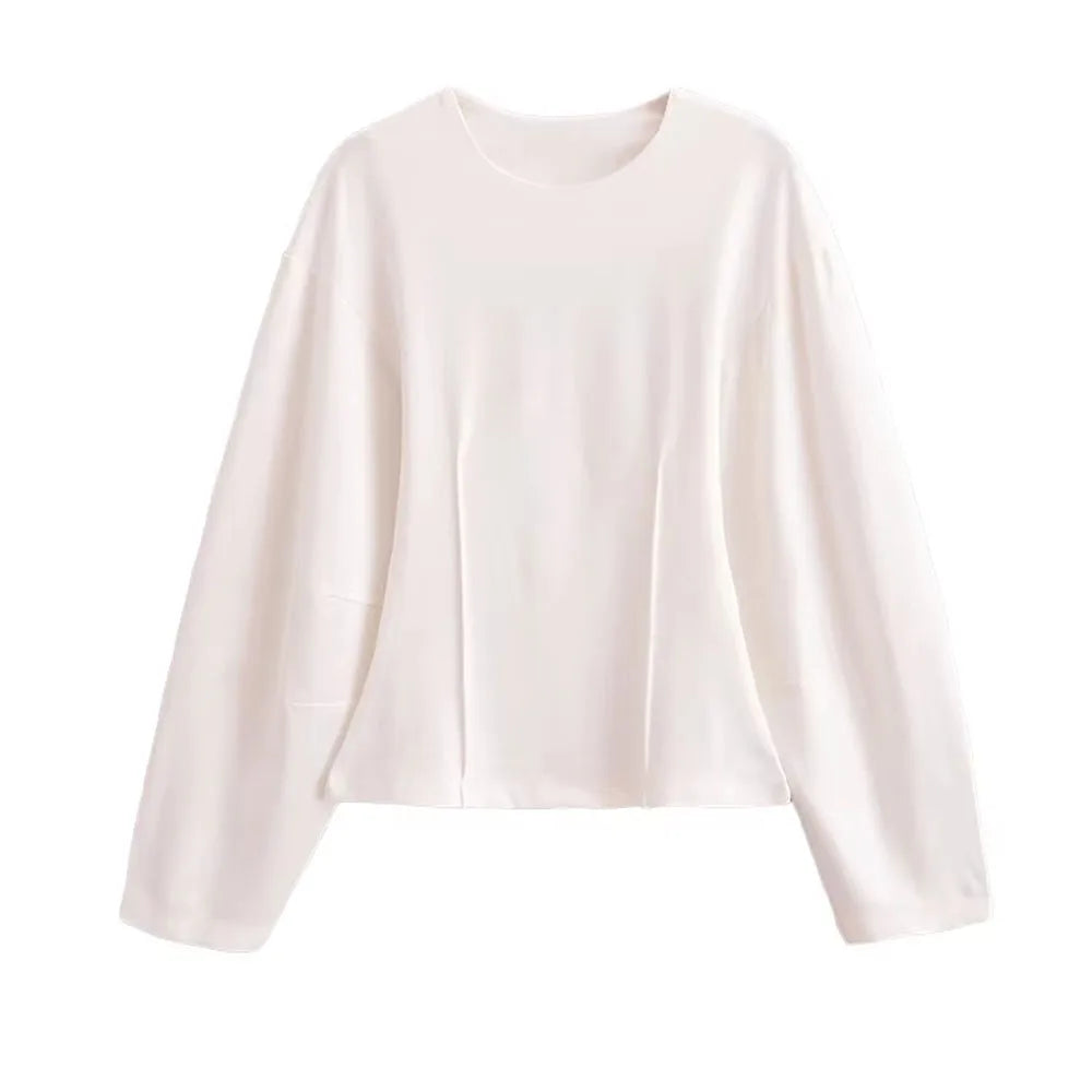 Women's Long Sleeve Round Neck Top and Wide Pants Two-Piece Set | Seam Detail
