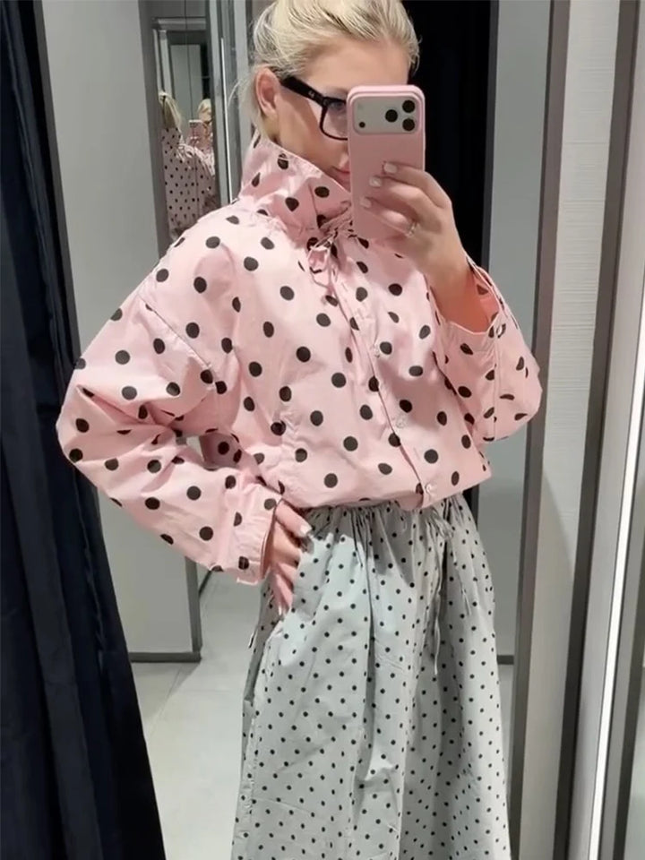 Women's Long Sleeve Jacket with High Collar in Polka Dots | Street Style