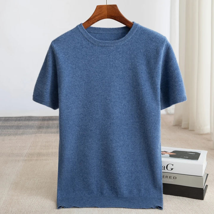 Męski T-shirt Dzianinowy Krótki Rękaw Okrągły Dekolt Prążkowany Dół Pulower T-shirt | Minimalistyczny