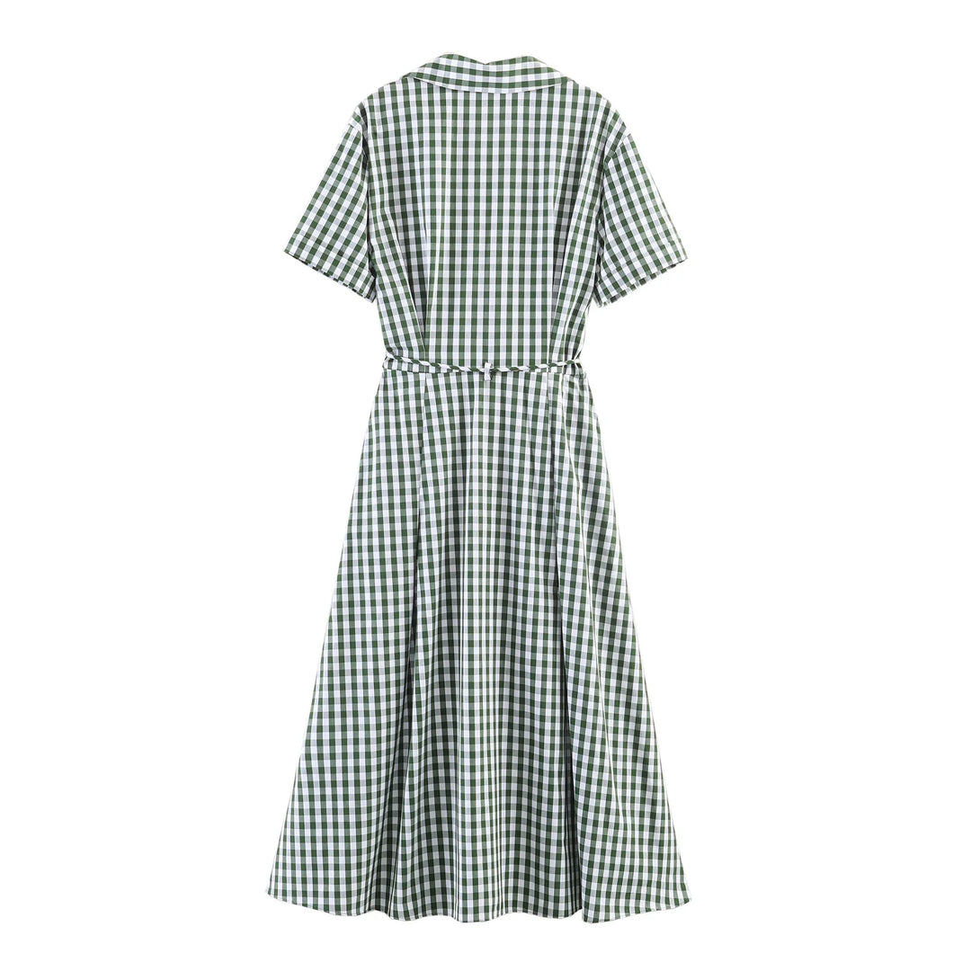 Women's Plaid Shirt Dress with Short Sleeves and Pockets | Waist Belt