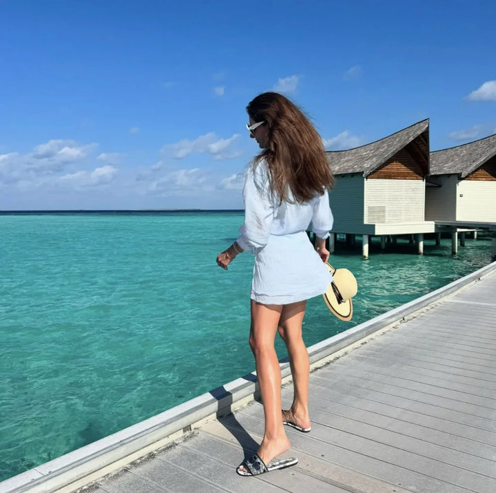 Women's Tie-Front Long Sleeve Shirt and Mini Skirt Two-Piece Set | Beach Style