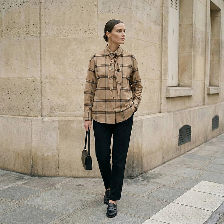 Women's Long Sleeve Plaid Blouse with Neck Tie and Buttons | Classic