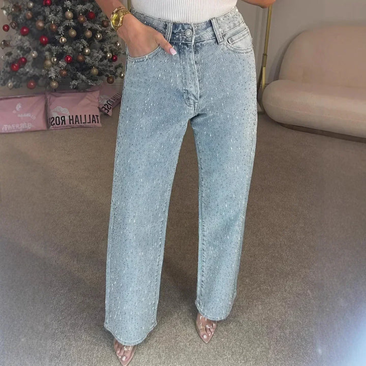 Women's High Waist Wide Leg Rhinestone Pants | Flared Cut