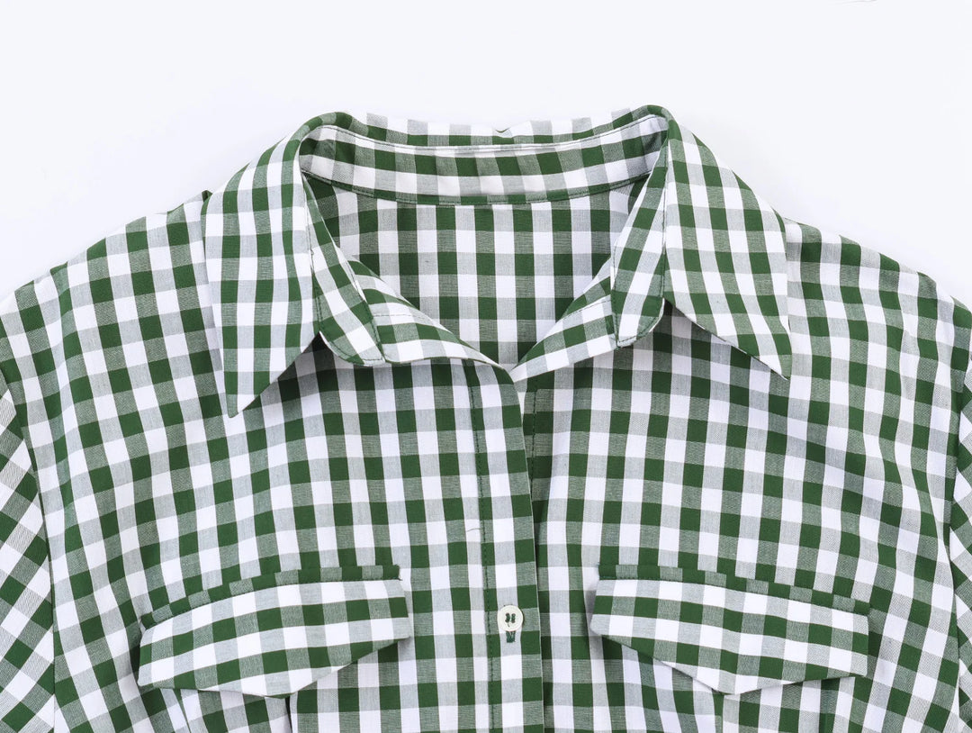 Women's Plaid Shirt Dress with Short Sleeves and Pockets | Waist Belt