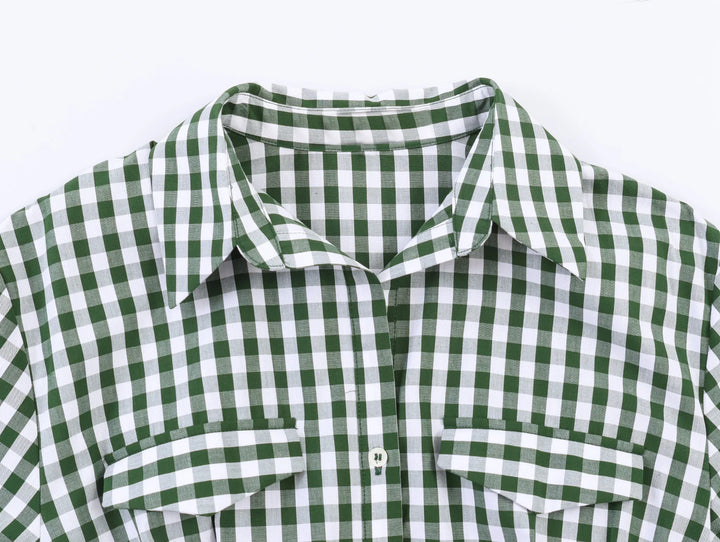 Women's Plaid Shirt Dress with Short Sleeves and Pockets | Waist Belt