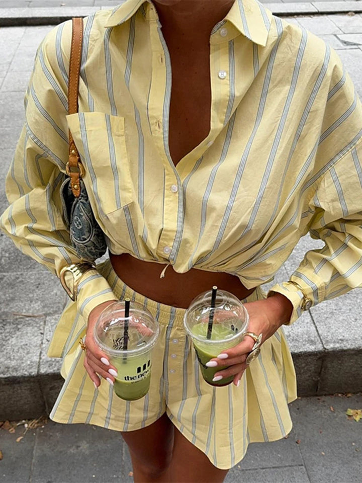 Women's Button-Down Shirt Straps and High-Waisted Shorts Two-Piece Set | Oversize Style
