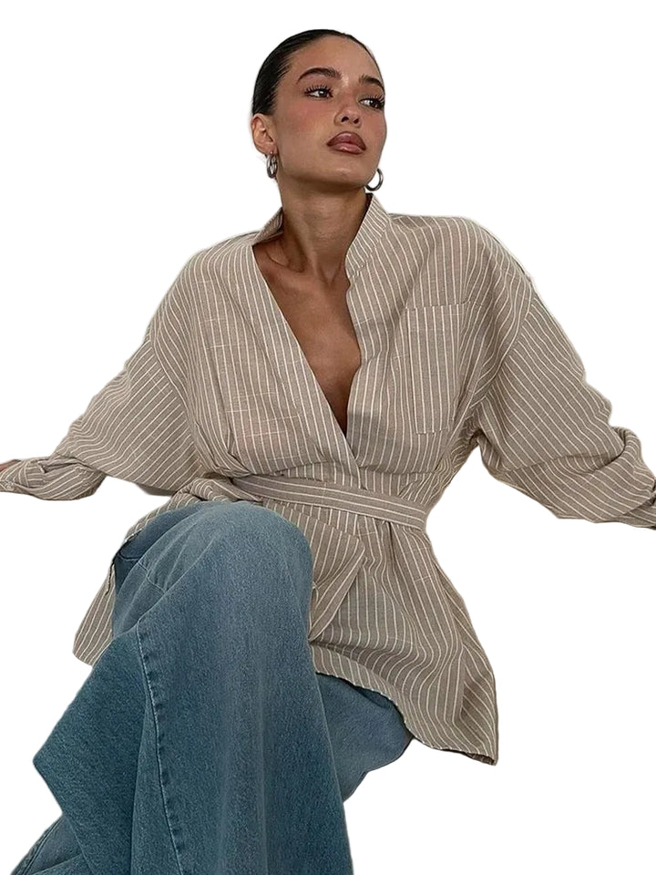 Women's Striped Long Sleeve Shirt with Waist Belt | Waist Tie