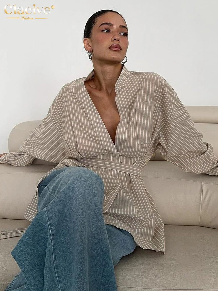 Women's Long Sleeve Blouse Stripes Stand Collar Waist Tie Blouse | Front Buttons