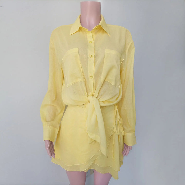 Women's Tie-Front Long Sleeve Shirt and Mini Skirt Two-Piece Set | Beach Style