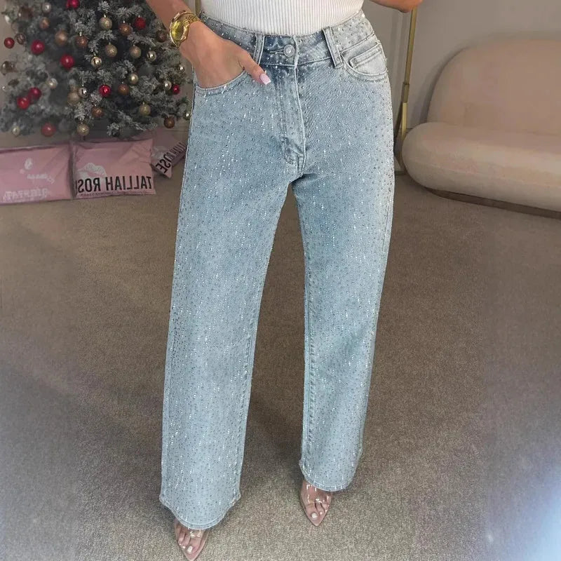 Women's High Waist Wide Leg Rhinestone Pants | Flared Cut