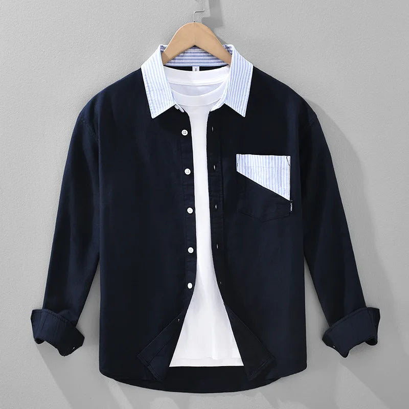 Męska Warstwowa Koszula na Guziki z Kieszonką na Piersi | Smart Casual