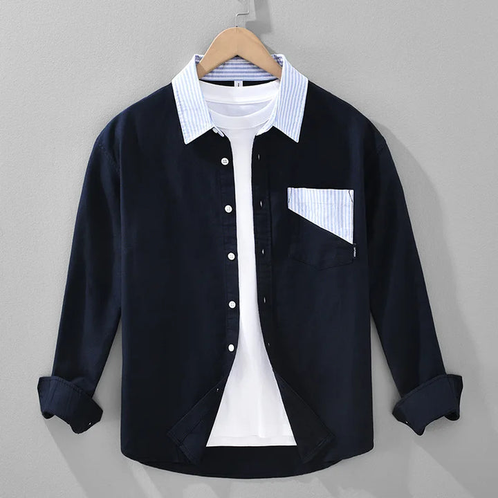 Męska Warstwowa Koszula na Guziki z Kieszonką na Piersi | Smart Casual