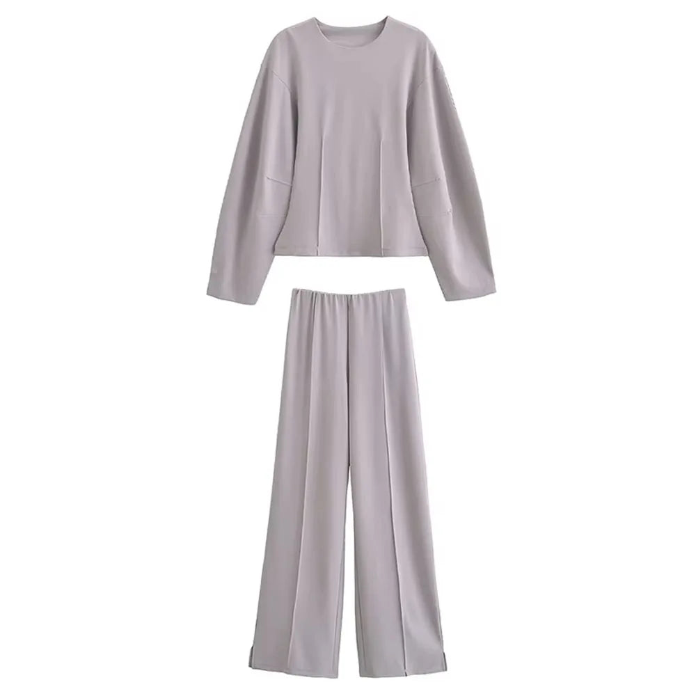 Women's Long Sleeve Round Neck Top and Wide Pants Two-Piece Set | Seam Detail