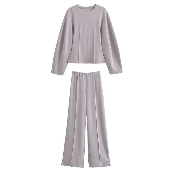 Women's Long Sleeve Round Neck Top and Wide Pants Two-Piece Set | Seam Detail