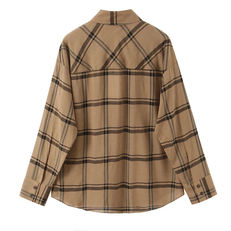 Women's Long Sleeve Plaid Blouse with Neck Tie and Buttons | Classic