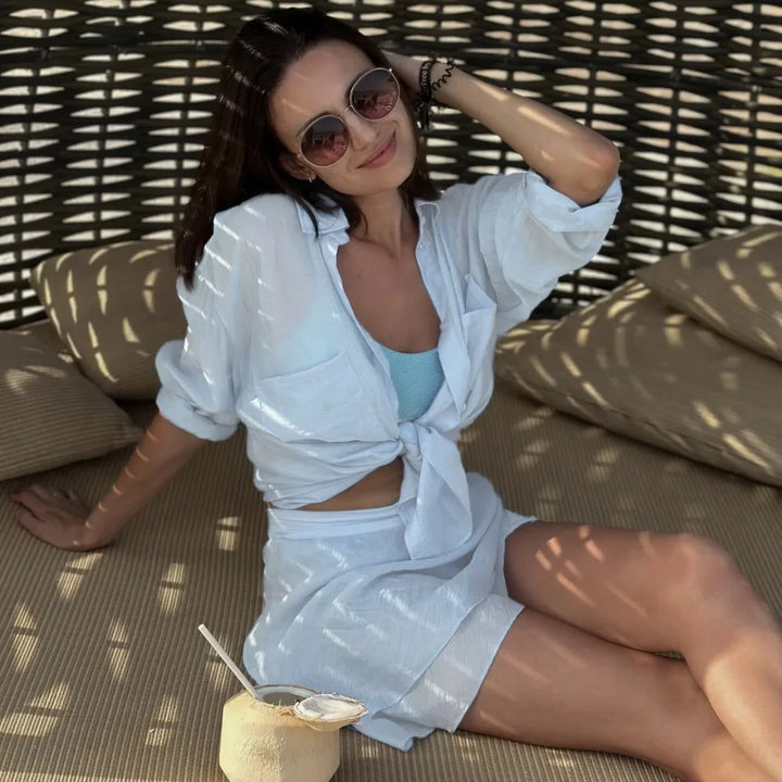 Women's Tie-Front Long Sleeve Shirt and Mini Skirt Two-Piece Set | Beach Style