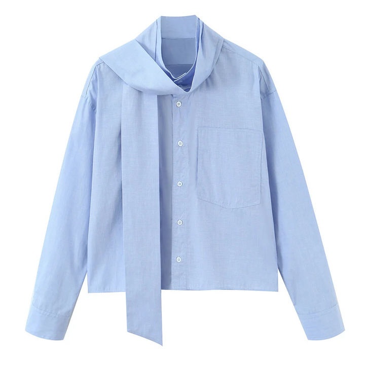 Women's Shirt Long Sleeve High Collar Buttons Tie at Neck Shirt | Loose Fit