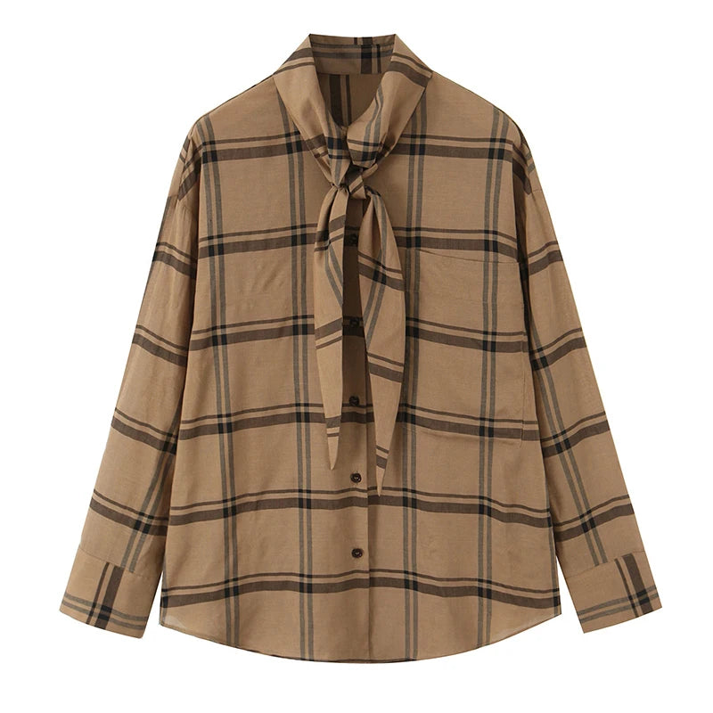 Women's Long Sleeve Plaid Blouse with Neck Tie and Buttons | Classic