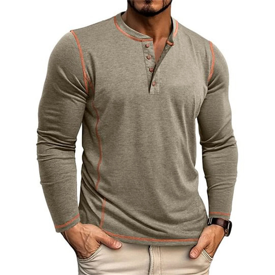 Męska Koszulka Henley z Długim Rękawem i Dekoltem na Guziki | Sportowy Styl