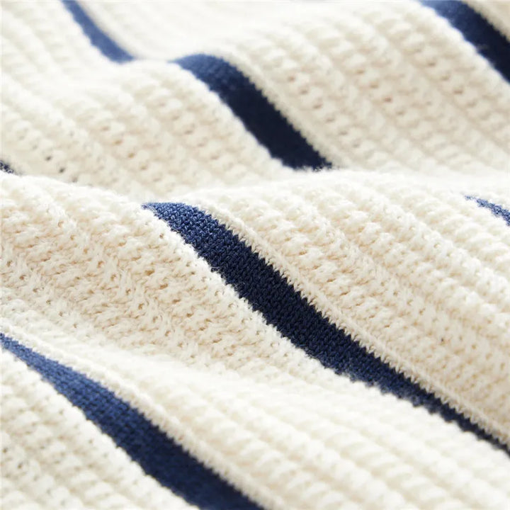 Męski Sweter Polo w Paski z Krótkim Rękawem i Guzikami | Retro Krój