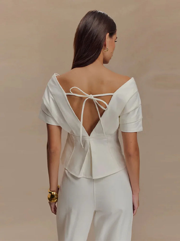 Women's Off-Shoulder Top with Peplum and Straight-Leg Pants Two-Piece Set | Structural Design
