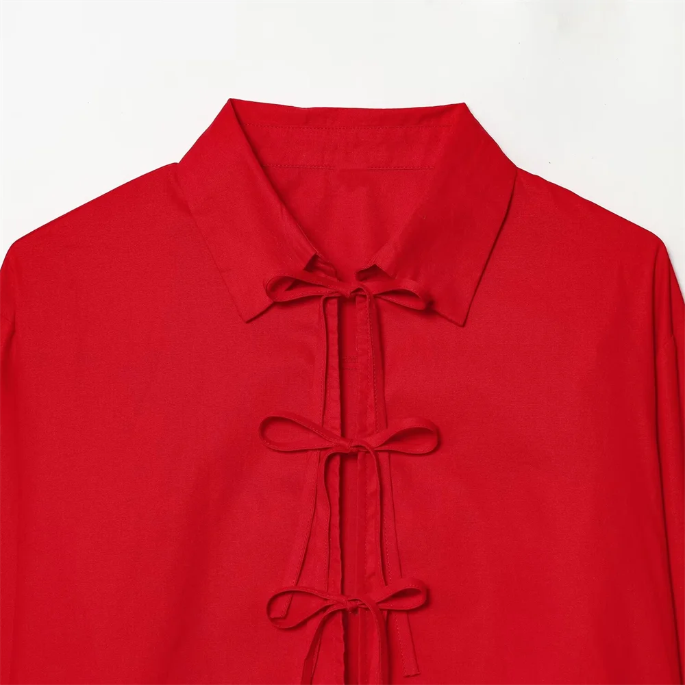 Damska Koszula Długi Rękaw Wiązanie Przód Kokardki Kołnierzyk Krótki Krój Koszula | Codzienna