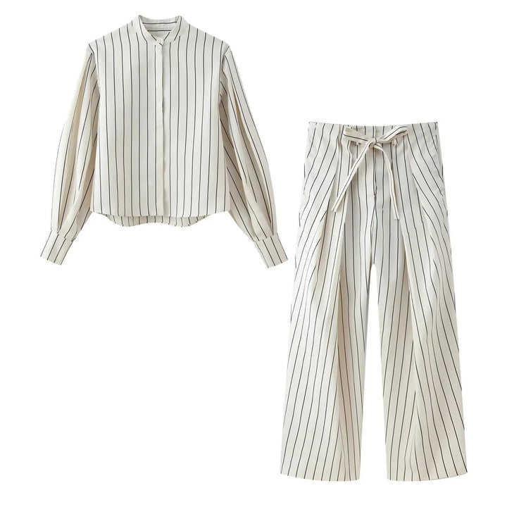 Women's Button-Down Shirt Belts and Wide Pants Two-Piece Set | High Waist
