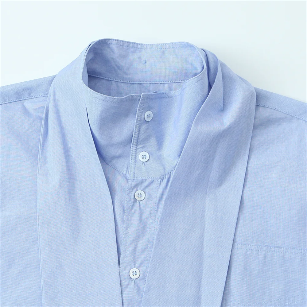 Women's Shirt Long Sleeve High Collar Buttons Tie at Neck Shirt | Loose Fit