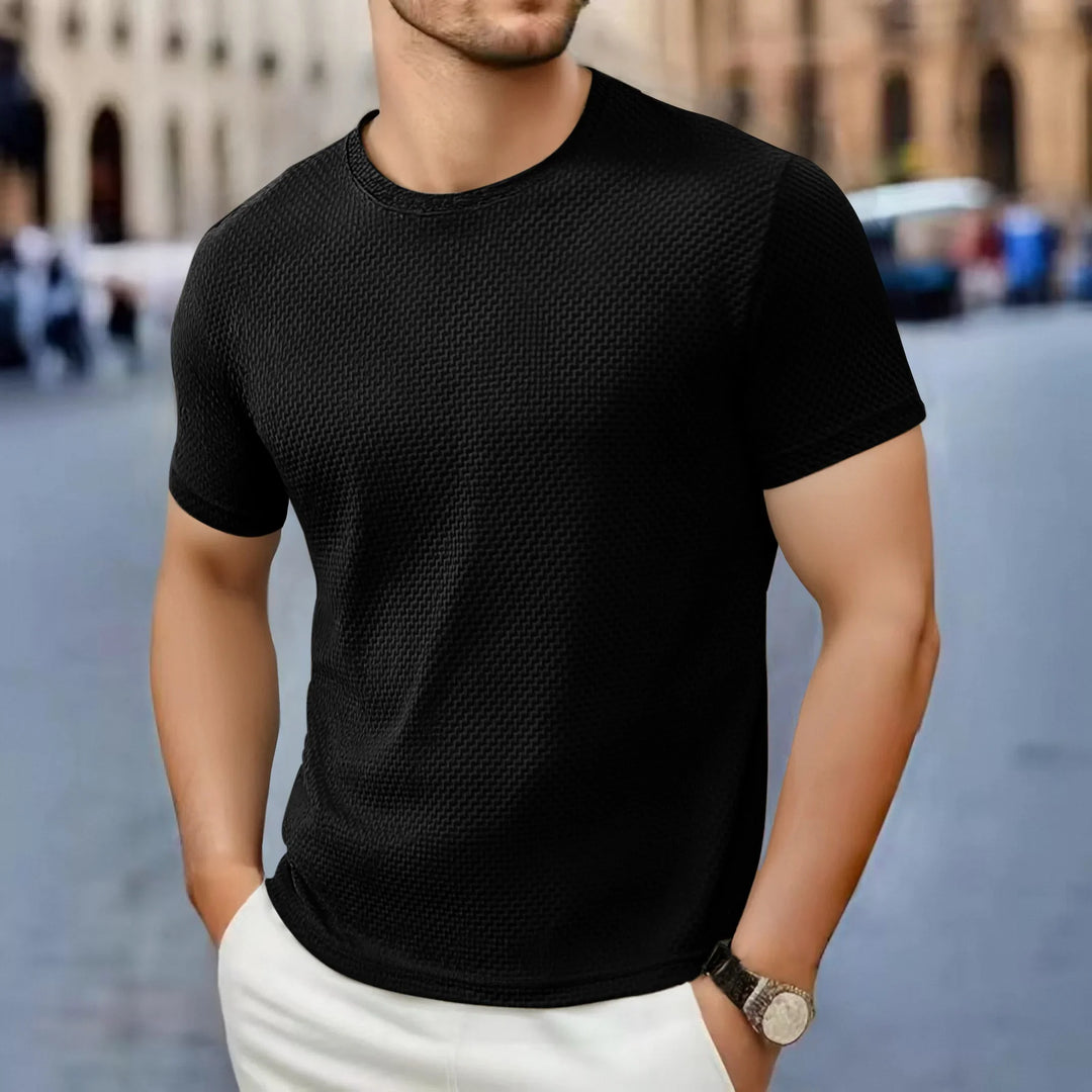 Męski T-Shirt z Fakturą, Okrągłym Dekoltem i Krótkim Rękawem | Dopasowany Krój