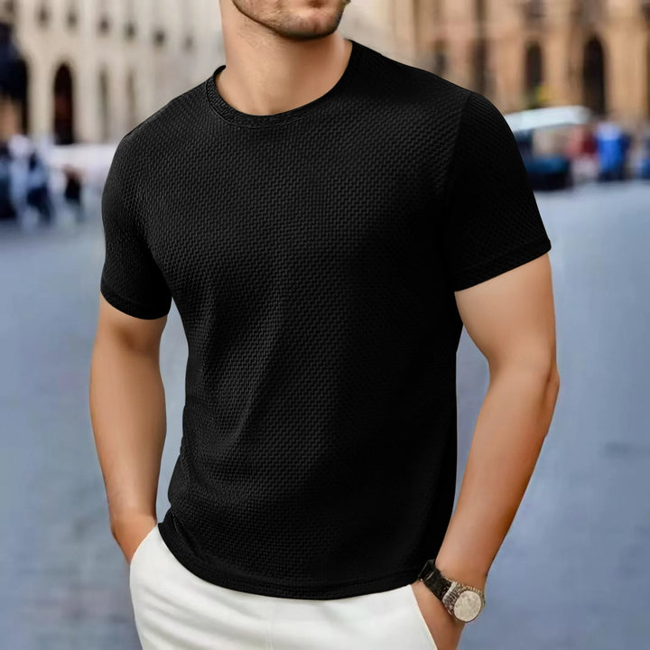 Męski T-Shirt z Fakturą, Okrągłym Dekoltem i Krótkim Rękawem | Dopasowany Krój