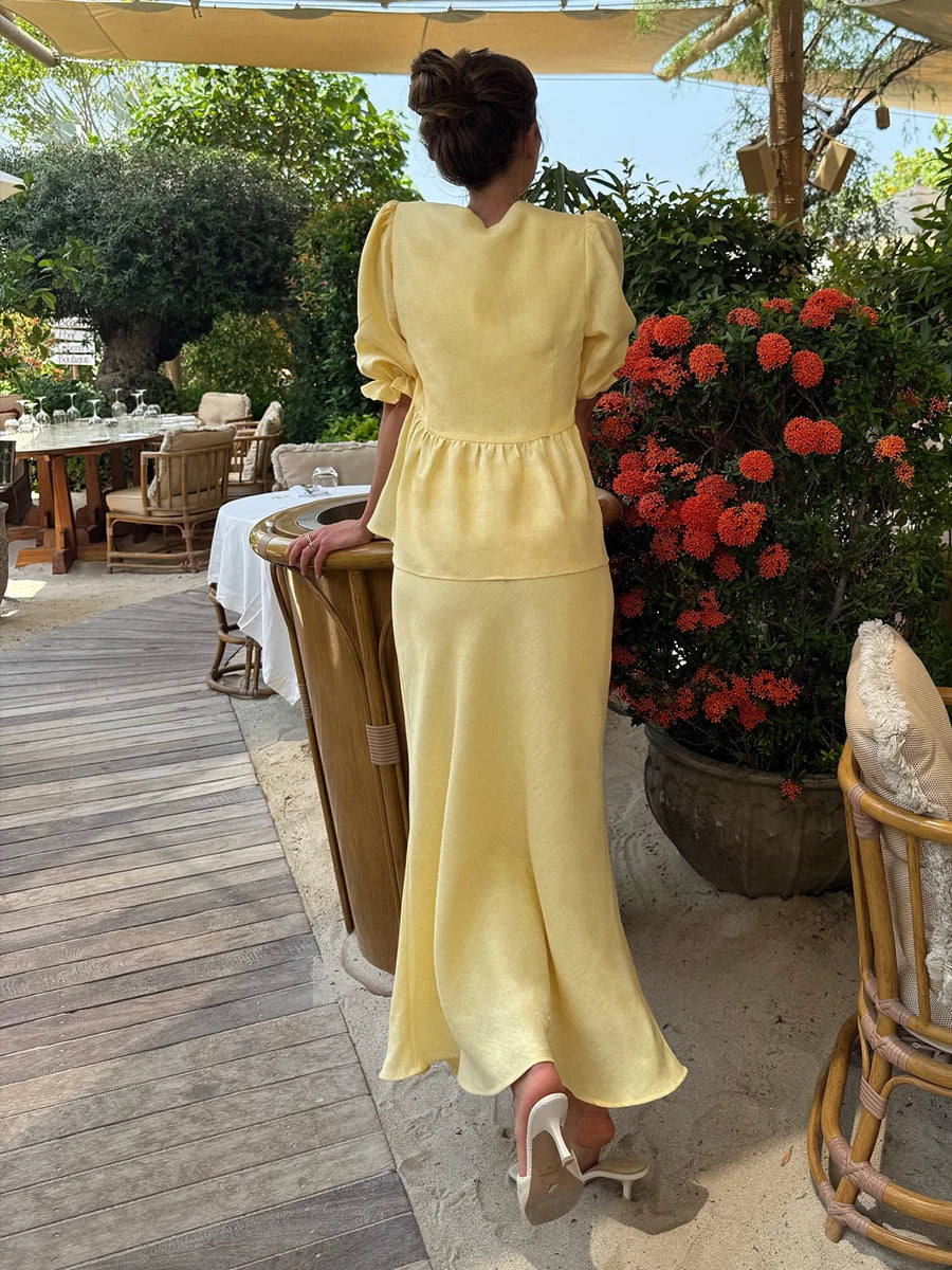 Women's Puffy Sleeve Top Tied at the Front and Maxi Skirt Two-Piece Set | V-Neckline