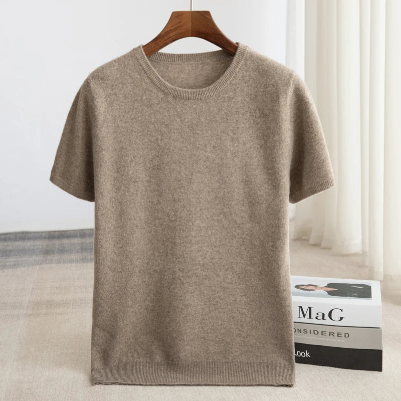 Męski T-shirt Dzianinowy Krótki Rękaw Okrągły Dekolt Prążkowany Dół Pulower T-shirt | Minimalistyczny