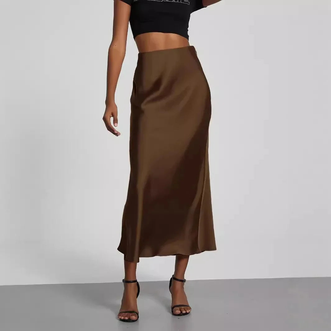 Women's High Waist Satin Effect Diagonal Cut Flared Skirt | Midi