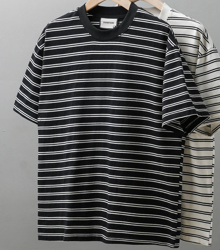Męski T-Shirt w Paski z Okrągłym Dekoltem i Krótkim Rękawem | Oversize Krój