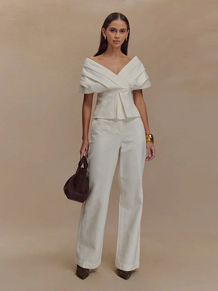 Women's Off-Shoulder Top with Peplum and Straight-Leg Pants Two-Piece Set | Structural Design
