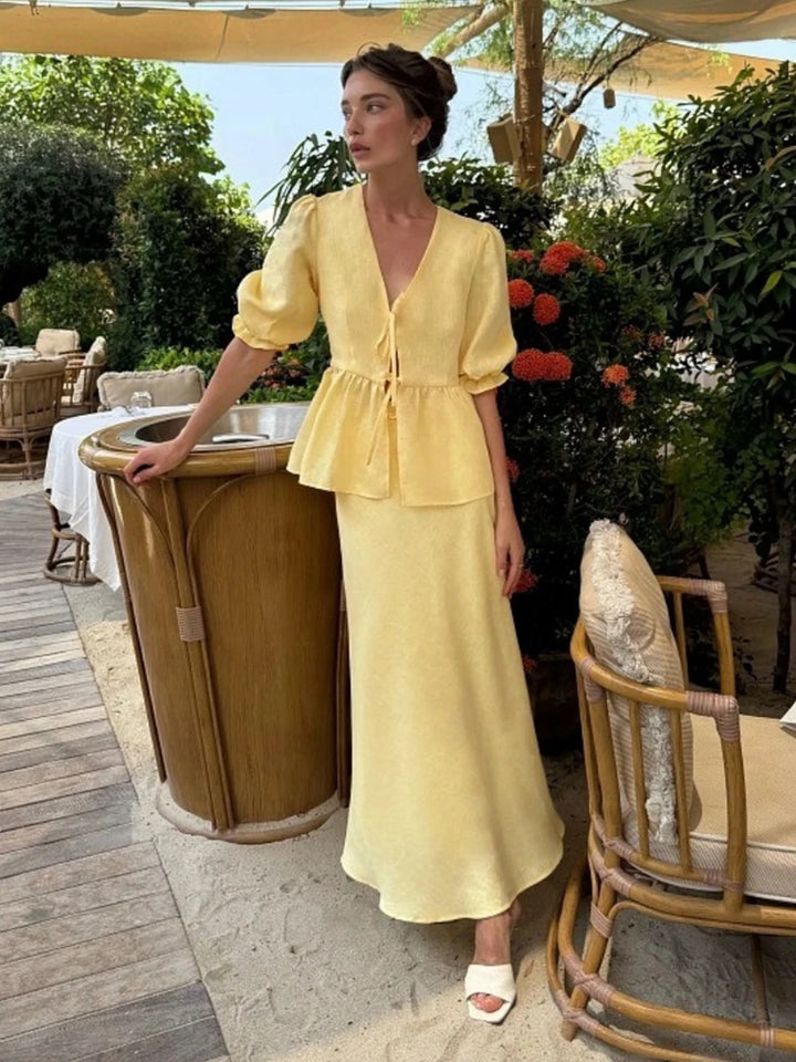 Women's Puffy Sleeve Top Tied at the Front and Maxi Skirt Two-Piece Set | V-Neckline
