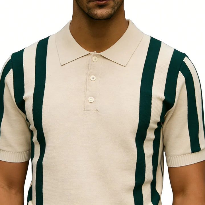 Męska Koszulka Polo w Pionowe Paski z Krótkim Rękawem | Styl Retro
