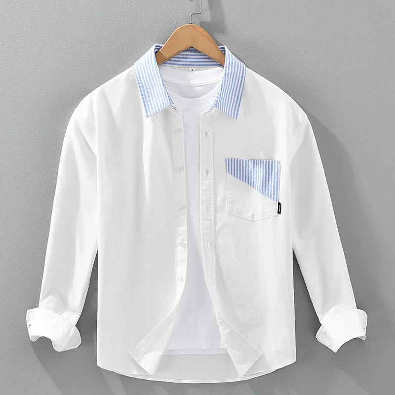Męska Warstwowa Koszula na Guziki z Kieszonką na Piersi | Smart Casual