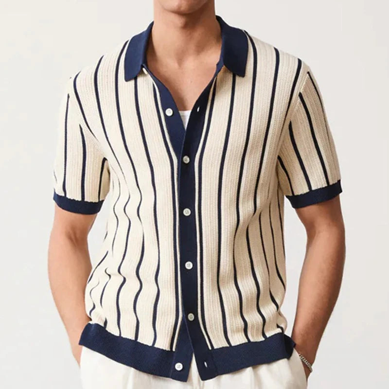Męski Sweter Polo w Paski z Krótkim Rękawem i Guzikami | Retro Krój