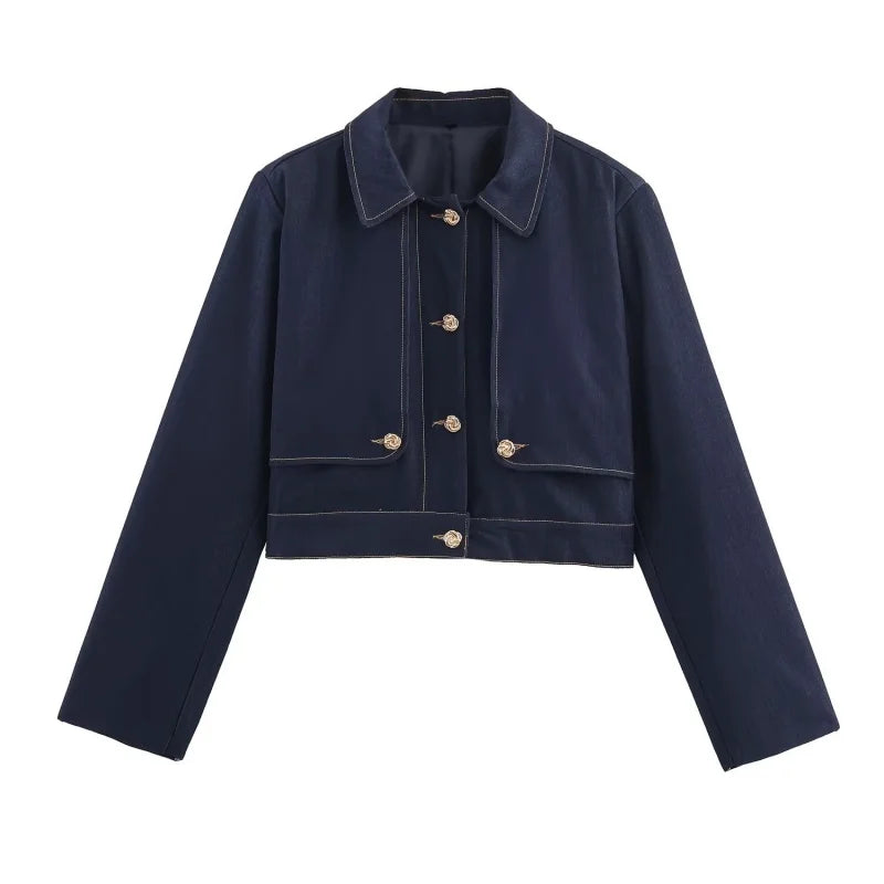 Women's Set with Short Button-Up Jacket and Straight-Leg Pants | Two-Piece Set