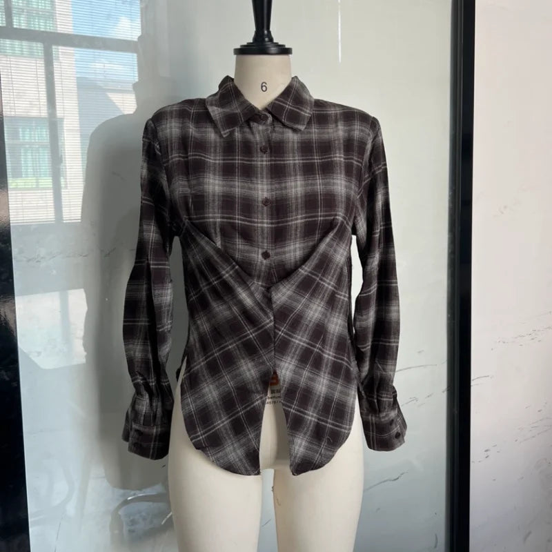 Women's Shirt Twisted Front Plaid Button-Up Long Sleeve Shirt | Long Sleeve
