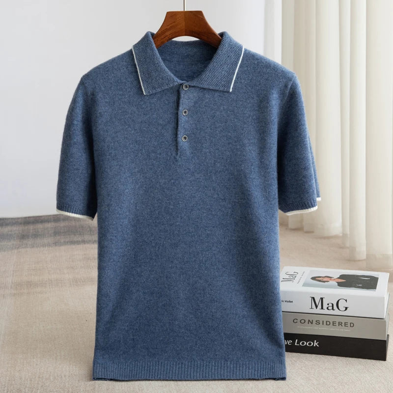 Męski Sweter Polo z Krótkim Rękawem i Kontrastowym Wykończeniem | Klasyczny Krój