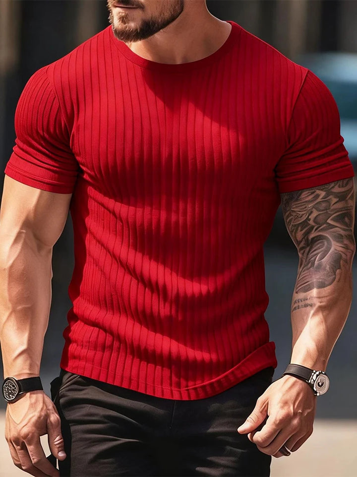 Męski Prążkowany T-Shirt z Okrągłym Dekoltem i Krótkim Rękawem | Krój Podkreślający Sylwetkę