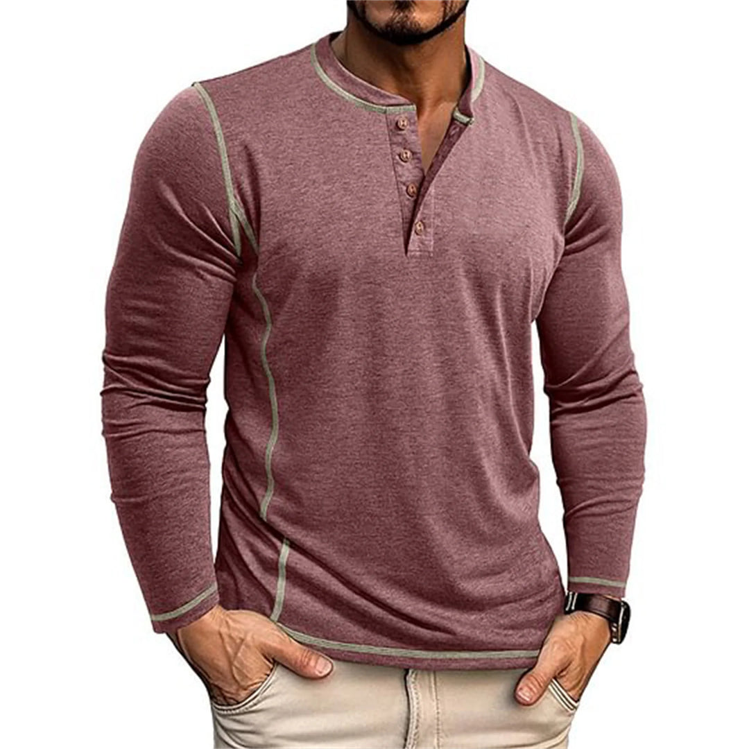 Męska Koszulka Henley z Długim Rękawem i Dekoltem na Guziki | Sportowy Styl