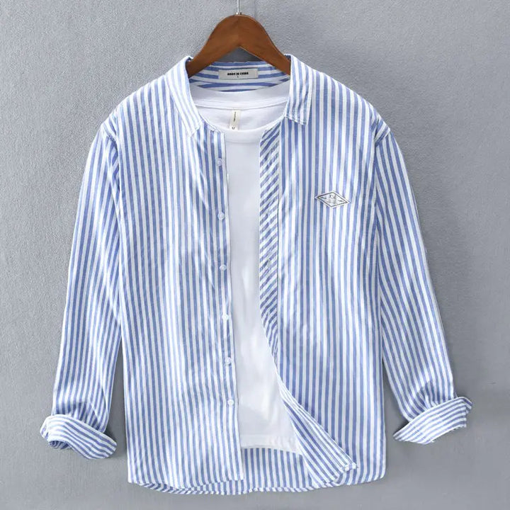 Męska Koszula w Paski na Guziki ze Stójką | Casualowy Styl