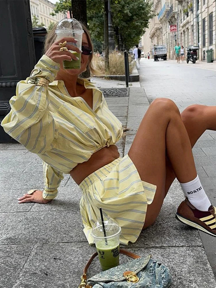 Women's Button-Down Shirt Straps and High-Waisted Shorts Two-Piece Set | Oversize Style