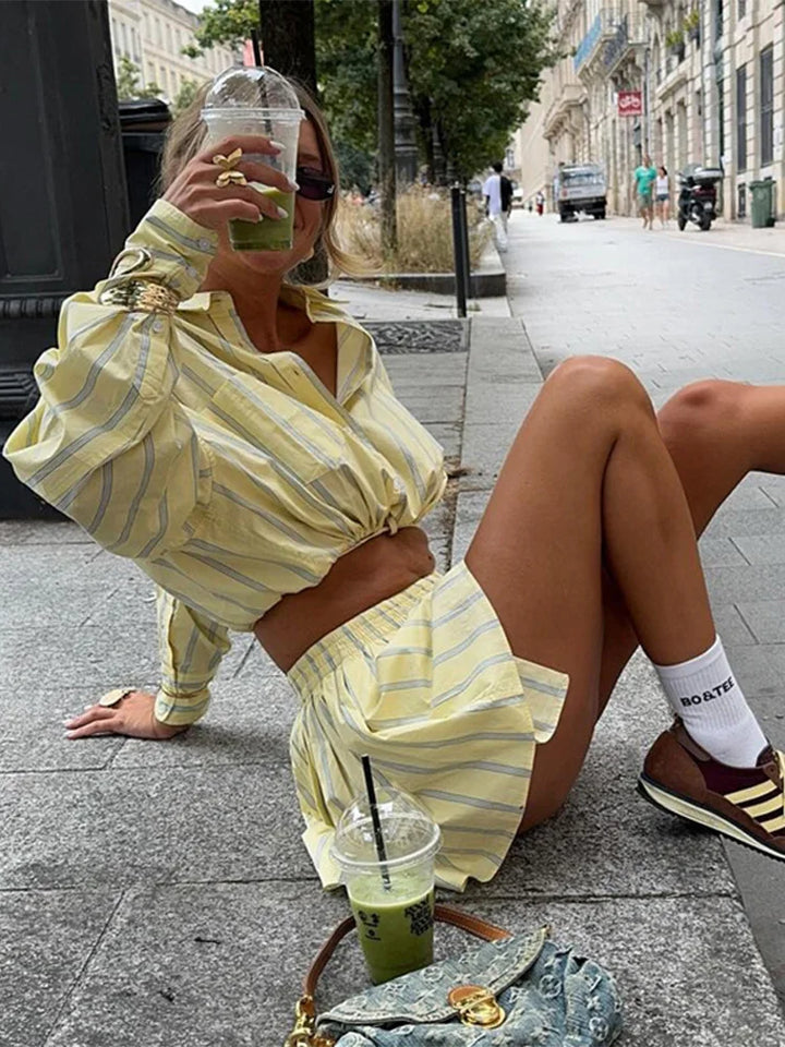 Women's Button-Down Shirt Straps and High-Waisted Shorts Two-Piece Set | Oversize Style