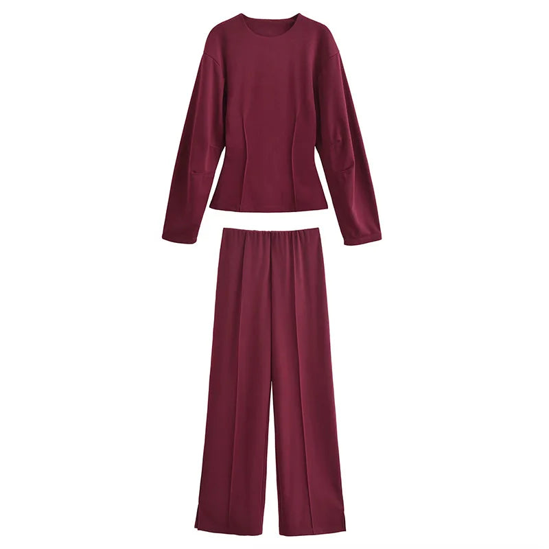 Women's Long Sleeve Round Neck Top and Wide Pants Two-Piece Set | Seam Detail