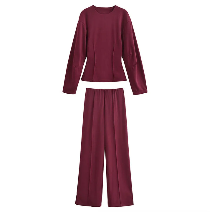 Women's Long Sleeve Round Neck Top and Wide Pants Two-Piece Set | Seam Detail